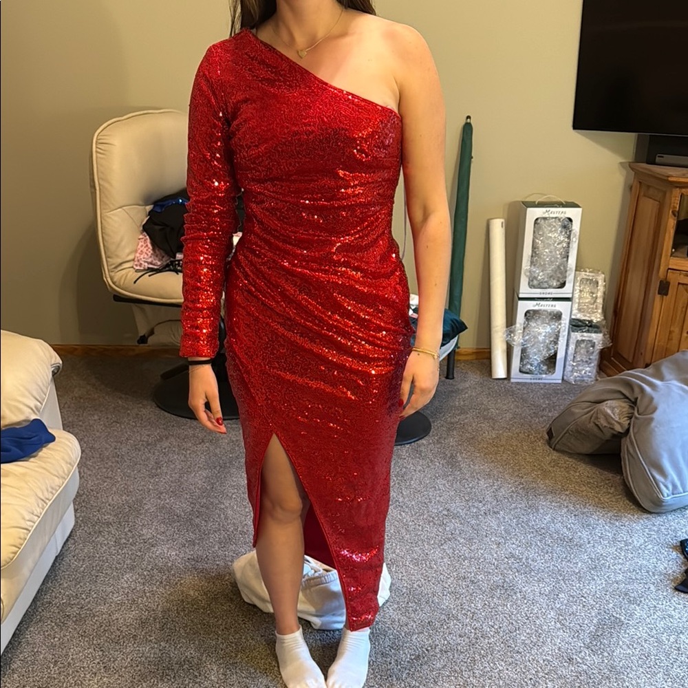 Lulu's Red Sequin Asymmetrical Bodycon Dress